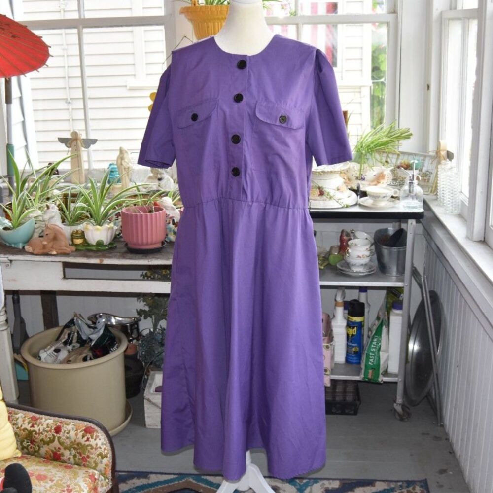 Vintage 80s Purple Uniform Dress Size XL Button Front Housekeeping Workwear